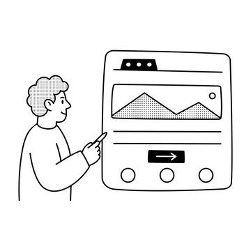 Designer presenting a website landing page with hero imagery and call-to-action controls.