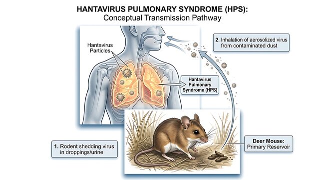Illustrative diagram showing the transmission pathway of hantavirus pulmonary syndrome from deer mouse to humans