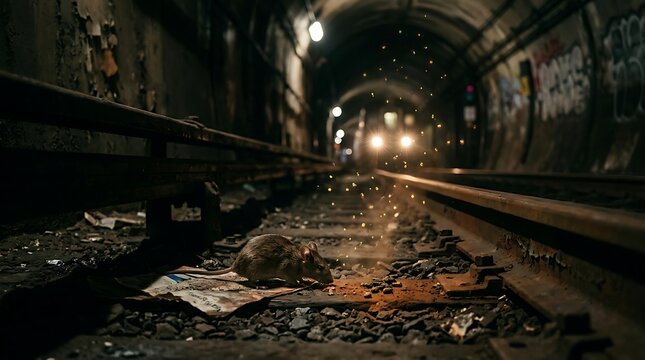 Dead rat lying on subway tracks with approaching train lights in dark underground tunnel