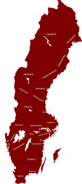 Map of sweden with provinces labeled isolated on transparent background