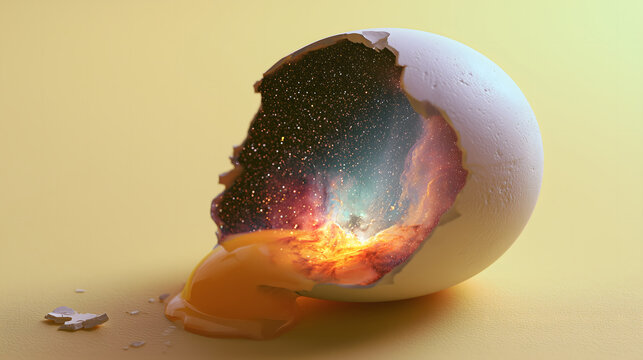 Cracked white eggshell on pastel yellow background spills golden yolk, revealing cosmic galaxy nebula universe with sense of mysterious wonder