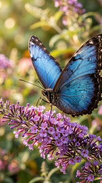 stunning blue morpho butterfly feeding on purple buddleja flowers in warm soft golden sunlight background