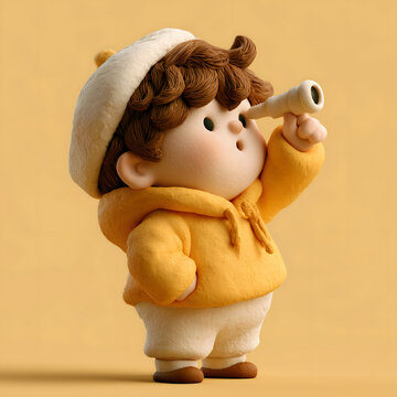 Curious boy claymation cartoon character wearing yellow hoodie and white beret looks through small toy telescope with wonder