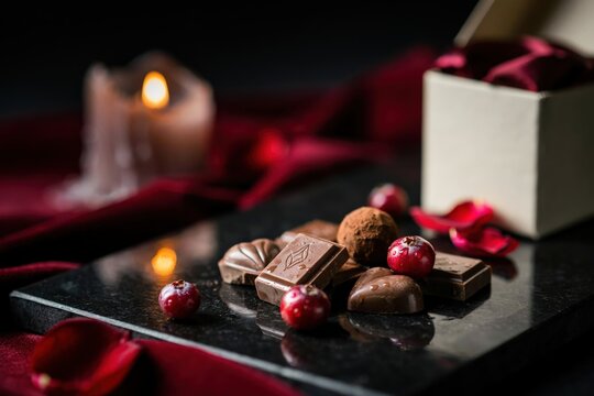 Gourmet chocolate truffles and bars with fresh red cranberries and rose petals on a black marble slab next to a gift box and a warm candle