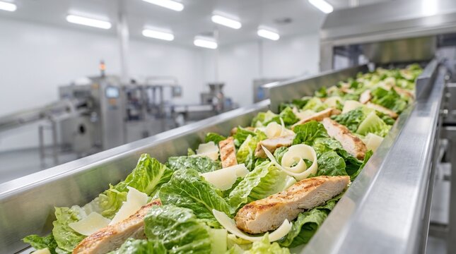 Salad production line with fresh lettuce and chicken on a conveyor belt