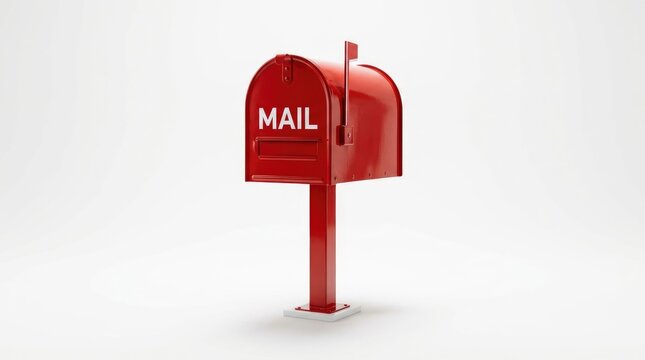 A classic bright red metal mailbox with the word mail printed in white on the side standing on a post against a plain white studio background