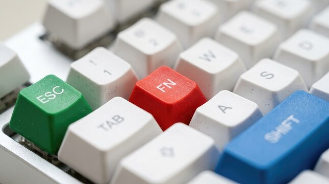 A close up view of a computer keyboard with colorful keys including a green escape key, a red fn key, and a blue shift key on a white board