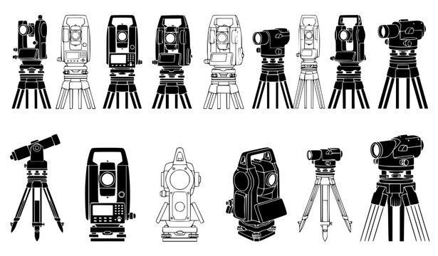 Theodolite and Total Station Surveying Instruments Tripod Black Silhouette Outline Vector Set