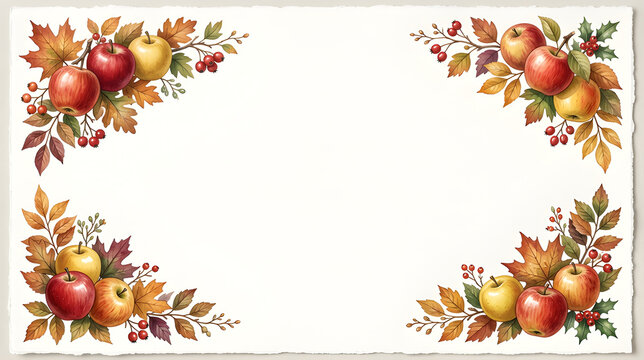 Elegant white background composition with clusters of red and golden apples, leafy autumn branches and small berries arranged only in the four corners, large clean empty white space throughout 