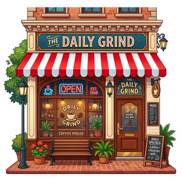A clean, detailed photo-realistic rendering of an artisanal pastry shop facade, with elegant golden lettering on dark wood, glass display cases, and warm ambient lighting. White background.