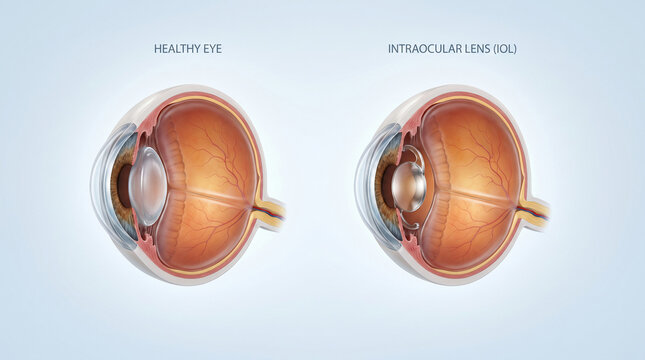 3D Cross Section of Healthy Eye and Intraocular Lens IOL Implant