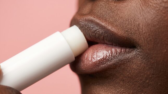 Extreme close up of black woman applying moisturizing lip balm on dry lips