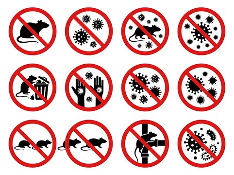 Collection of prohibition warning signs with rats and virus icons for hygiene and health safety awareness