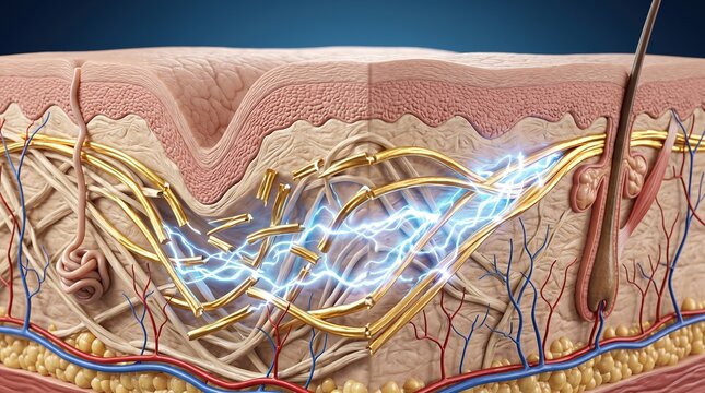 3D cross section medical illustration of damaged skin collagen structure with energy impulse