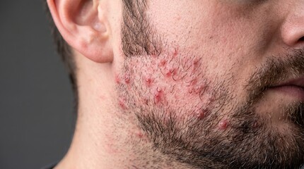 Naklejka premium Macro shot of severe folliculitis and inflamed acne pimples on man cheek and beard area skin condition