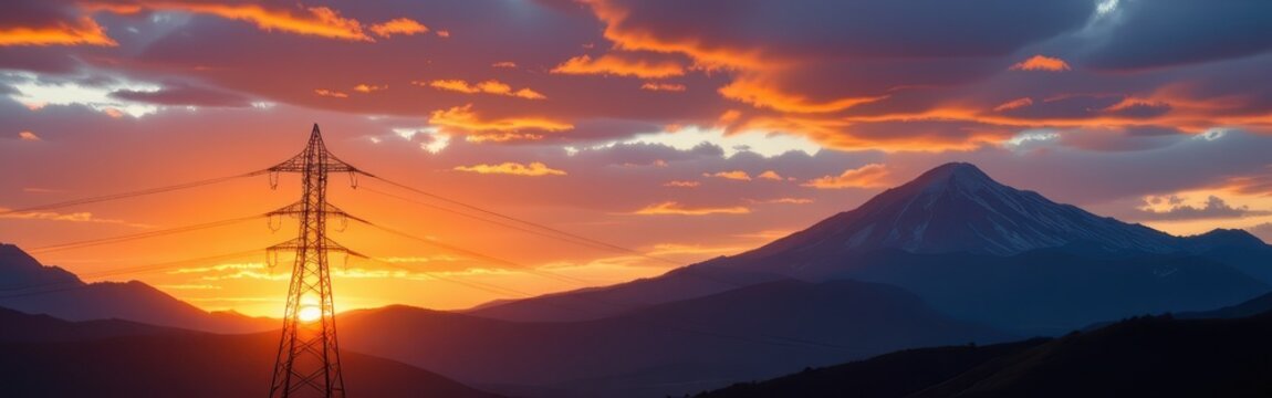 Sunset behind a mountain with an electricity pylon in the foreground.