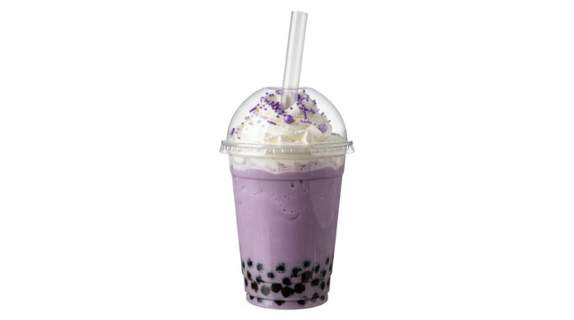 Purple taro milk tea with boba pearls and whipped cream in plastic cup isolated on white background.