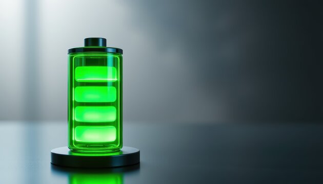 Green battery icon showing full charge on a dark reflective surface with light beams.