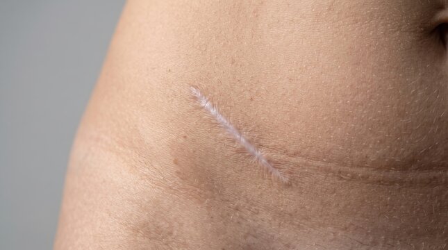 Close up view of healed surgical scar and C section mark on female abdomen skin