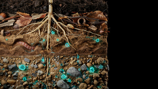 Close-up of tree root system in earth layers with glowing nutrients cross section nutrients underground environment particles