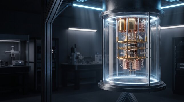 Quantum computer processor inside a glass vacuum chamber in a dark high-tech laboratory.