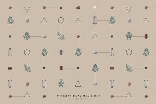 International men's day background, pattern with geometric, lines, triangles, hexagons, small stones, and, green foliage on, a light beige surface