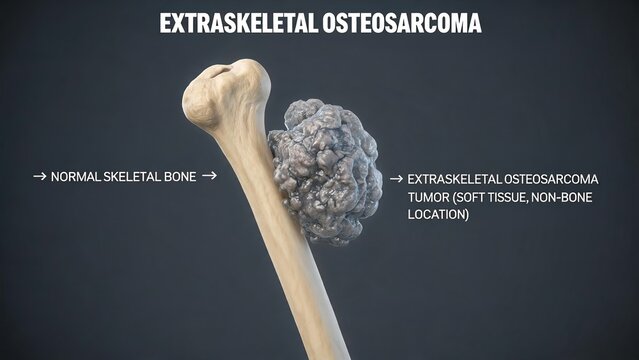 Extraskeletal osteosarcoma 3D medical illustration, soft‑tissue malignant tumor adjacent to normal bone, labeled anatomical diagram on dark background