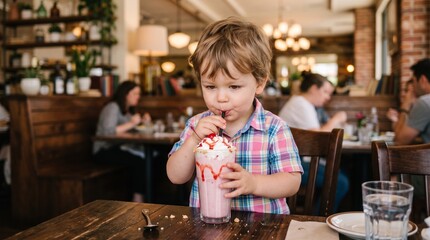 Naklejka premium Commercial indoor lifestyle photography of a cute young toddler boy drinking a strawberry milkshake through a straw in a cafe – childhood joy, family dining, sweet treat, and restaurant marketing stoc