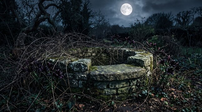 Moonlit Overgrown Stone Well / Pozo de Piedra en Jard&iacute;n Bajo la Luna