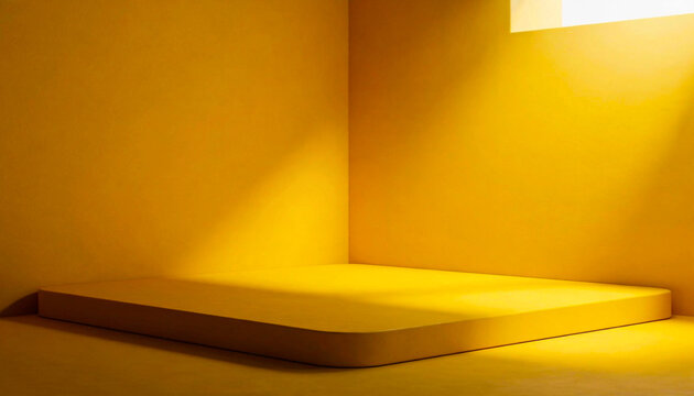 Contemporary pastel yellow abstract architecture room with smooth walls and floor, geometric mattress platform, natural light gradient, minimalist design background for business, lifestyle and creativ