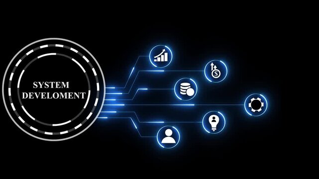 Abstract System Development Architecture and Digital Tech Interface on Dark Background,AND 4K ANIMATION VIDEO