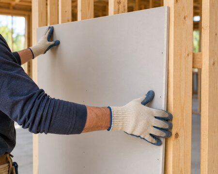 A construction worker installs drywall panels onto wooden wall studs at a home building site.