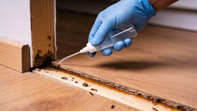 A gloved hand applies a liquid pesticide into a crevice in a wooden floor to control an ant colony.