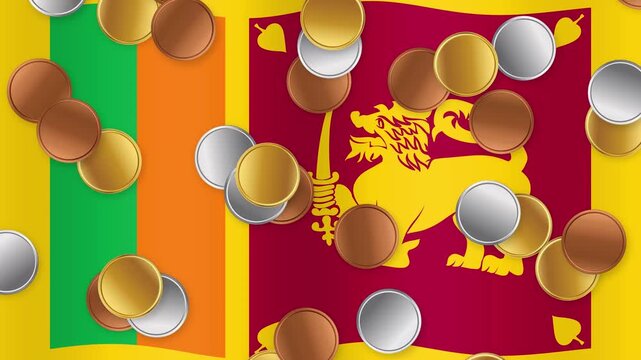 Gold Silver and Bronze Coins Falling Over Waving Sri Lanka Flag