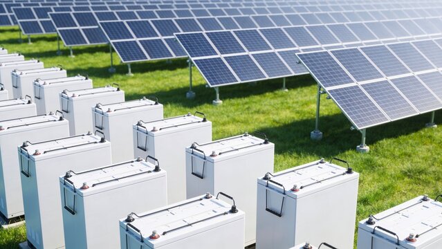 A field of white industrial batteries arranged in rows in front of large ground-mounted solar panels.