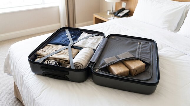Open suitcase with clothing and suspicious wrapped packages on bed