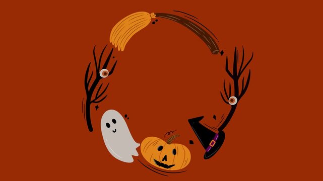 Cute Halloween Wreath Animation with Ghost Pumpkin Witch Hat and Blinking Eyes Spooky Footage