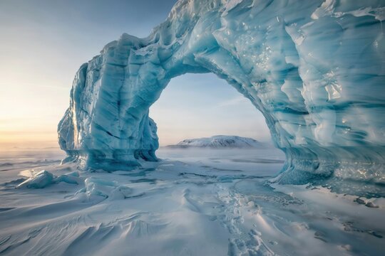 Massive blue ice arch formation standing on a frozen arctic landscape with snow covered ground under a bright winter sky at sunset in polar region