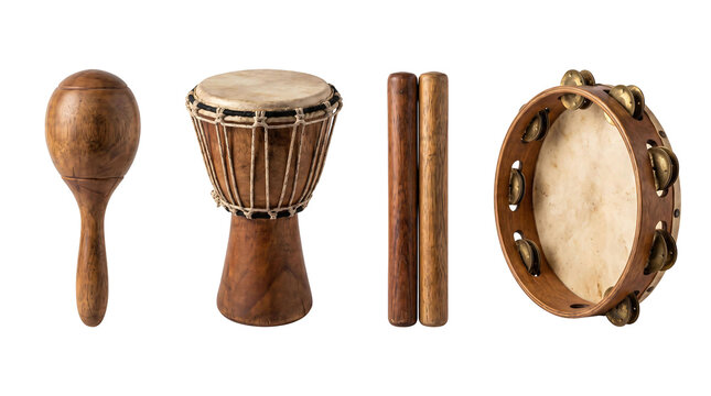 Four acoustic percussion instruments with maraca djembe drum claves and tambourine isolated element on transparent background