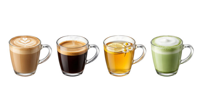 Four glass mugs with cappuccino espresso lemon tea and matcha latte isolated element on transparent background