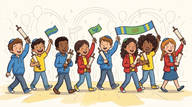 Children parade with Torah scrolls during Simchat Torah celebration