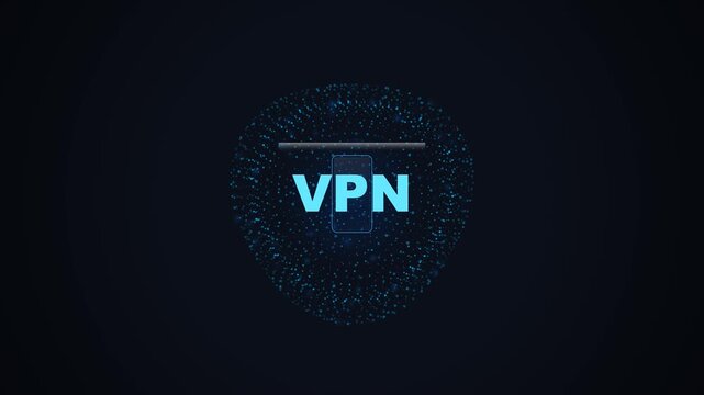 VPN Digital Security Concept with Animated Data Particles and Blue Text