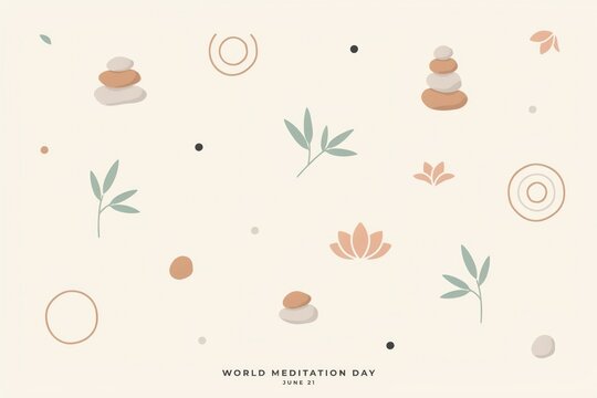 Meditation day with zen stone stacks, lotus flowers, bamboo leaves, and circles on a light beige background, for wellness