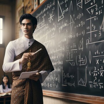 Illustration of a Thai math teacher solving equations on a chalkboard