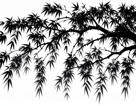 白背景に力強く描かれた竹の枝と笹の葉のシルエット、伝統的な水墨画・墨絵風の和風イラスト素材　Black ink painting silhouette of bamboo tree branches and leaves on white background, traditional Japanese sumi-e style vector illustration