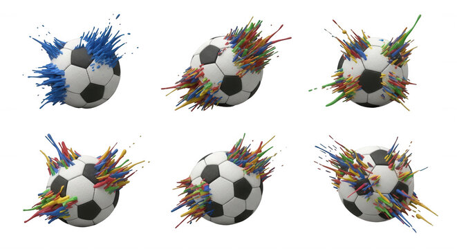 soccer balls exploding with vibrant colored paint splatters on a clean white background sports designs