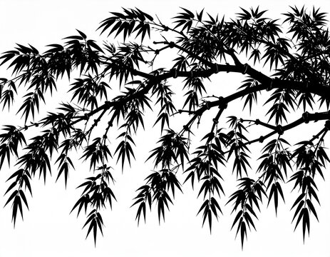 白背景に力強く描かれた竹の枝と笹の葉のシルエット、伝統的な水墨画・墨絵風の和風イラスト素材　Black ink painting silhouette of bamboo tree branches and leaves on white background, traditional Japanese sumi-e style vector illustration