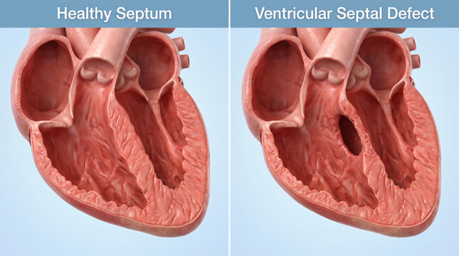 3D Heart Anatomy Showing Healthy Septum versus Ventricular Septal Defect VSD
