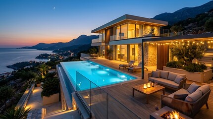Fototapeta premium Luxury villa with infinity pool at sunset