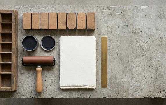 Letterpress Printing Bench Flat Lay on Raw Concrete with Blank Wooden Type Blocks, Brayer Roller and Ink Tins